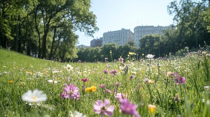 Spring Meadow  Wildflowers  Green Grass  Tranquil Park Scene