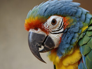 Fototapeta premium Colorful Parrot's Close-up Portrait: A vivid close-up captures the stunning colors and intricate details of a parrot, showcasing its sharp beak, intelligent eyes, and vibrant plumage.