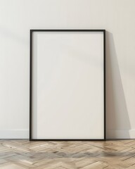 Blank black frame on white wall and wooden floor