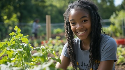 Girl smiling in community garden