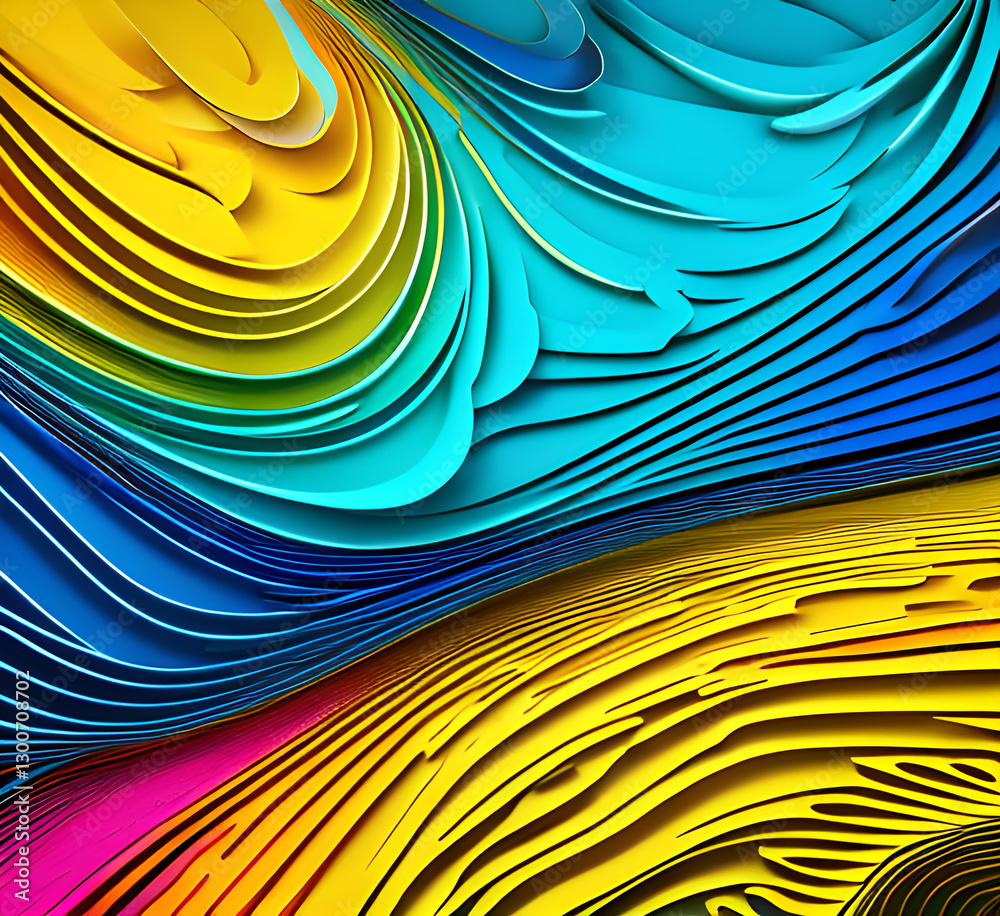 Fototapete This colorful illustration features vibrant abstract layers that flow and swirl gracefully across a serene blue background, creating a dynamic and engaging visual element.generative ai