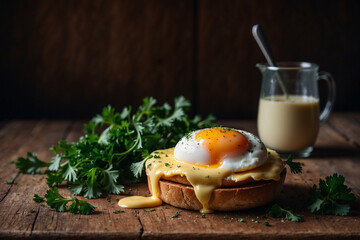 A delicious Egg Benedict topped with fresh parsley, placed on a textured wooden table for a cozy and homemade feel