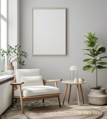 A cozy living room corner with a white armchair. a side table. and a large plant