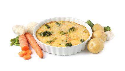 Delicious vegetable casserole and ingredients isolated on white