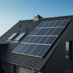 Obraz premium Modern house with blue solar panels on the roof. End of the day, sunset. Idyllic atmosphere