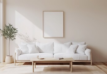 Fototapeta premium Minimalist living room with white couch. wooden coffee table. and a framed artwork on the wall The room is bathed in warm natural light