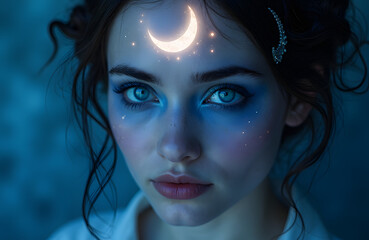 A mystical lunar goddess glowing crescent moon on forehead ethereal sapphire eyes
