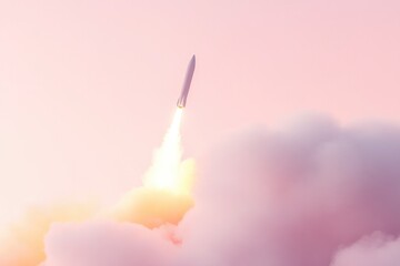Rocket ascends through soft clouds, leaving trail of vibrant fla