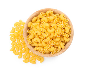 Raw horns pasta in bowl isolated on white, top view