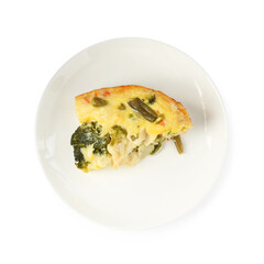 Piece of tasty vegetable casserole isolated on white, top view