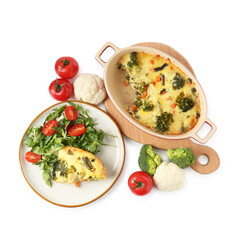 Tasty vegetable casserole, salad and ingredients isolated on white, top view