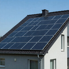 Fototapeta premium Modern house with blue solar panels on the roof. End of the day, sunset. Idyllic atmosphere