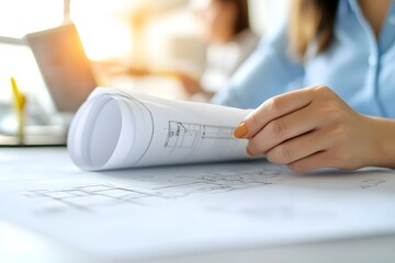 Female Architect Examining Intricate Blueprint with Collaborators in Background