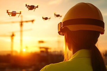 Fototapeta premium Female Engineer Analyzes Futuristic Construction Site Data from Drone Swarm at Sunset