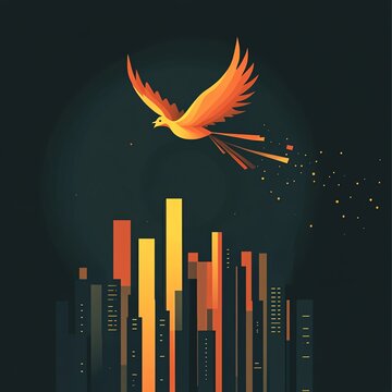 A vibrant phoenix soaring over modern skyscrapers, symbolizing rebirth and transformation in an urban landscape.