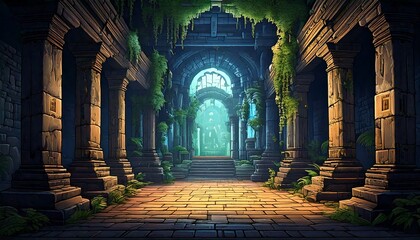 Obraz premium レトロゲーム風の自然のピクセルアート背景（古代の神殿） Generative AI