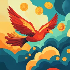 A vibrant red bird soars through colorful clouds, symbolizing freedom and prosperity amidst floating coins.