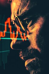 A man with glasses is looking at a graph with red lines