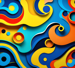 This colorful illustration features vibrant abstract layers that flow and swirl gracefully across a serene blue background, creating a dynamic and engaging visual element.generative ai