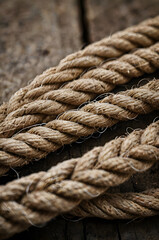 Coiled Rope Close-up: The image features a close-up of thick, natural rope coiled on a weathered wooden surface, evoking a sense of texture and nautical heritage.