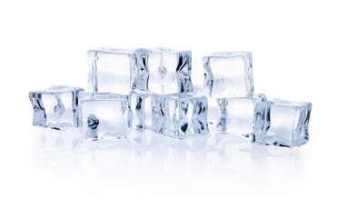Many crystal clear ice cubes isolated on white