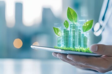 Futuristic Green Hospital Building Projected from Tablet Eco Friendly Healthcare Technology