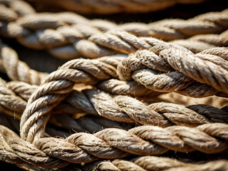 Fototapeta premium Textured Rope Closeup: A close-up view of a coiled, weathered rope, its thick fibers and intricate twists catching the light and revealing a sense of strength, history, and tactile quality.