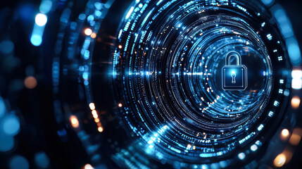 Fototapeta premium Digital padlock glowing in futuristic tunnel of light and data