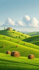 Rolling Hills Adorned With Hay Bales and a Distant Farmhouse Under a Clear Sky. Generative AI