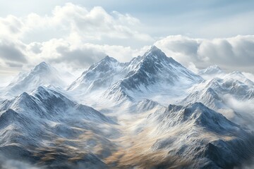 Snow-dusted peaks pierce ethereal clouds, revealing a high-altitude, rugged mountain vista.