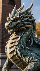 Fototapeta premium Guardian of Stone: A majestic stone dragon sculpture, its intricate details telling tales of myth and legend, stands guard against a backdrop of classical architecture.