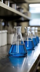 Lab, blue liquid, Erlenmeyer flasks, experiment, science, research, chemical, glassware, stainless steel, stock photo