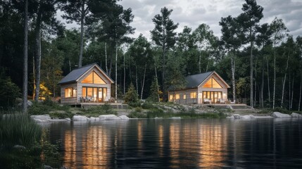 Obraz premium Tranquil Lake Dusk with Charming Rustic Cabins