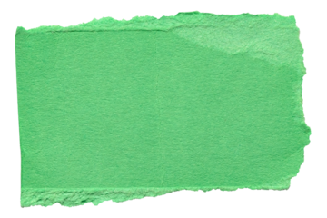 Isolated cut out torn piece of blank green paper note cardboard with rough texture and copy space for text, transparent png background design element