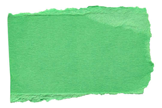 Isolated cut out torn piece of blank green paper note cardboard with rough texture and copy space for text, transparent png background design element