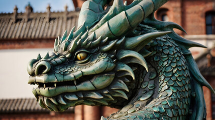 Majestic Dragon Sculpture: A close-up view of an ornate dragon sculpture, rendered in meticulous...