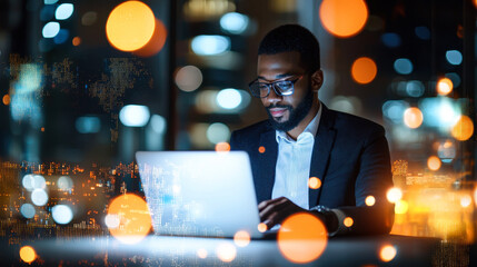 cybersecurity expert coding on laptop in modern office at night, surrounded by city lights