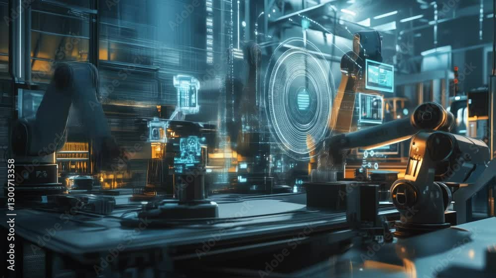 Poster precision robotic arms performing complex movements through holographic interfaces and augmented rea
