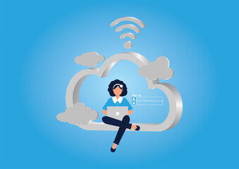 Cloud communications concept, Vector illustration of Woman on big cloud symbol with using laptop on blue background, Cloud Computing, Social networks