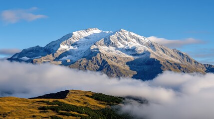Obraz premium A majestic snow-capped mountain peak rises through clouds against a vibrant blue sky, showcasing nature's grandeur.