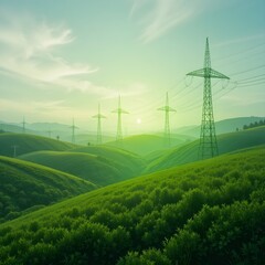 Rolling green hills bathed in soft sunlight stretch into the horizon, dotted with towering power lines that blend seamlessly with nature, symbolizing the harmony between renewable energy.