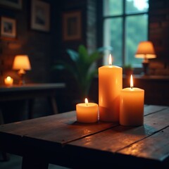 Flickering candles on a wooden table in a cramped space, table, furniture