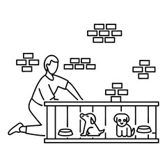 shelter attendant taking care of Puppies outline concept, Wildlife rehabilitator with Pair of Doggy vector icon design, Pet foster and hotel Symbol, kennel animals Sign, Human-animal interaction scene