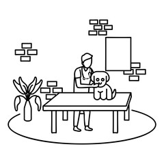 veterinary doctor examining the Cute Puppy outline concept, vet physician Holding kitty vector icon design, Pet foster and hotel Symbol kennel animals Sign, Human-animal interaction scene illustration