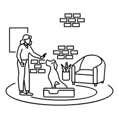 dog training commands Site and Down outline concept, Trainer teaching stay to give a release signal vector icon design, Pet foster hotel Symbol, kennel animals Sign, Human-animal interaction scene