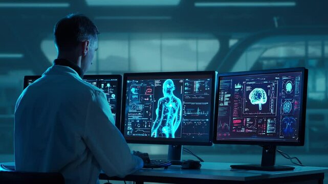 Doctor working at futuristic office, multiple monitors displaying medical images, data and body scans.