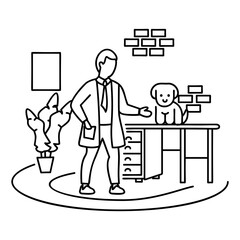 Puppy Sitting on Desk with Vet outline concept, Indoor Doctor checking the Doggy at clinic vector icon design, Pet foster and hotel Symbol, kennel animals Sign, Human-animal interaction scene 