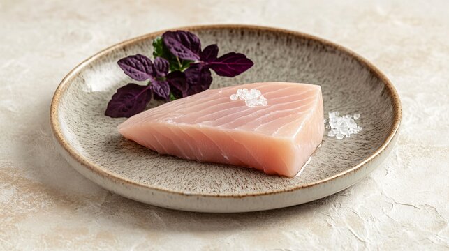 A rustic wooden board featuring raw swordfish steaks arranged neatly, accompanied by crushed black pepper, lemon zest curls, and a drizzle of balsamic glaze, against a soft beige background