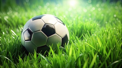 Fototapeta premium A soccer ball partially covered in green grass, with some blades visible through the threads of the ball, and a slight dew effect on the grass , grass, soccer ball