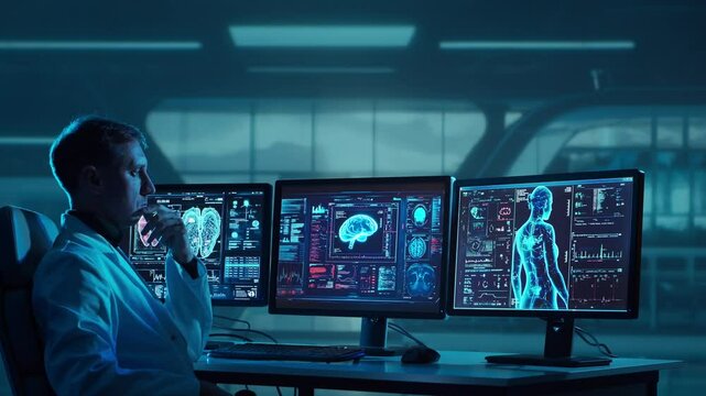 Doctor working at futuristic office, multiple monitors displaying medical images, data and body scans.